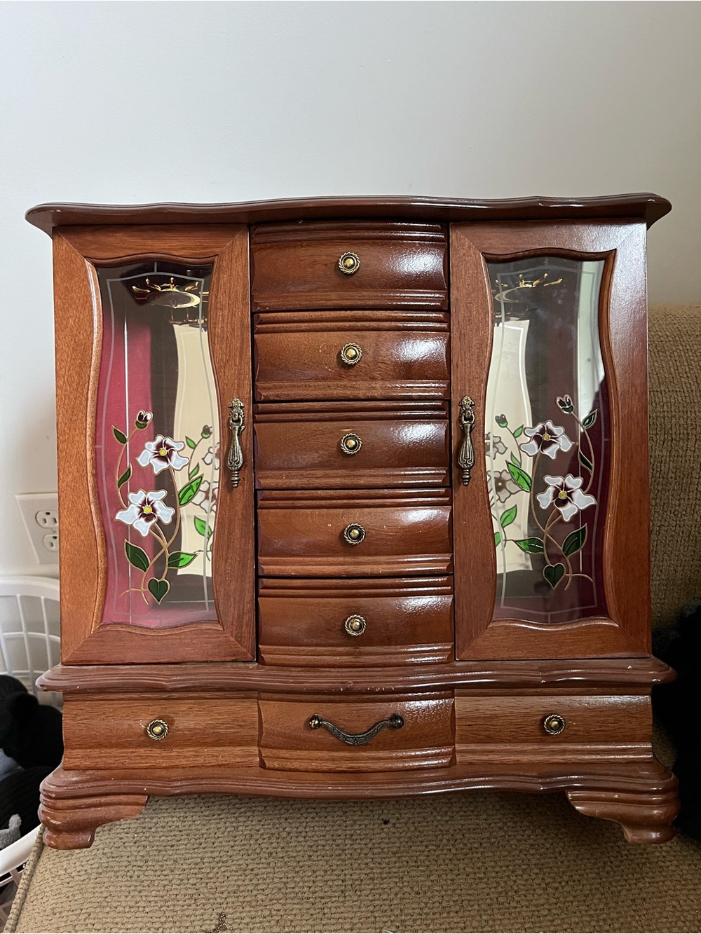 Wood Finish Jewelry Armoire Cabinet in Brown